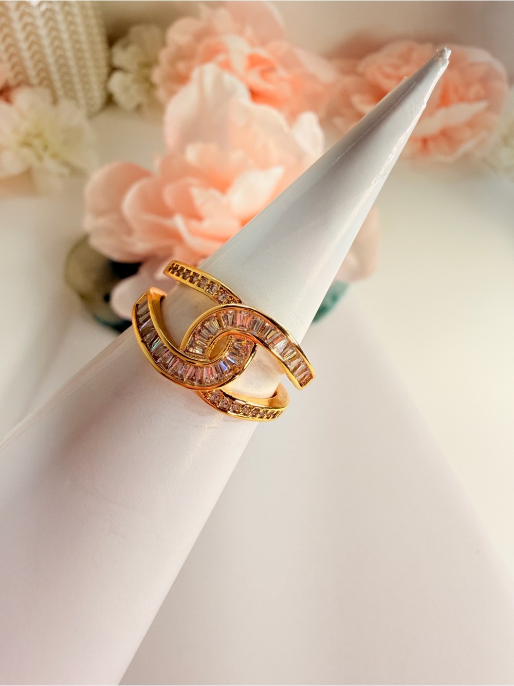 Gold-Tone Pink Baguette Crystal Wave Ring